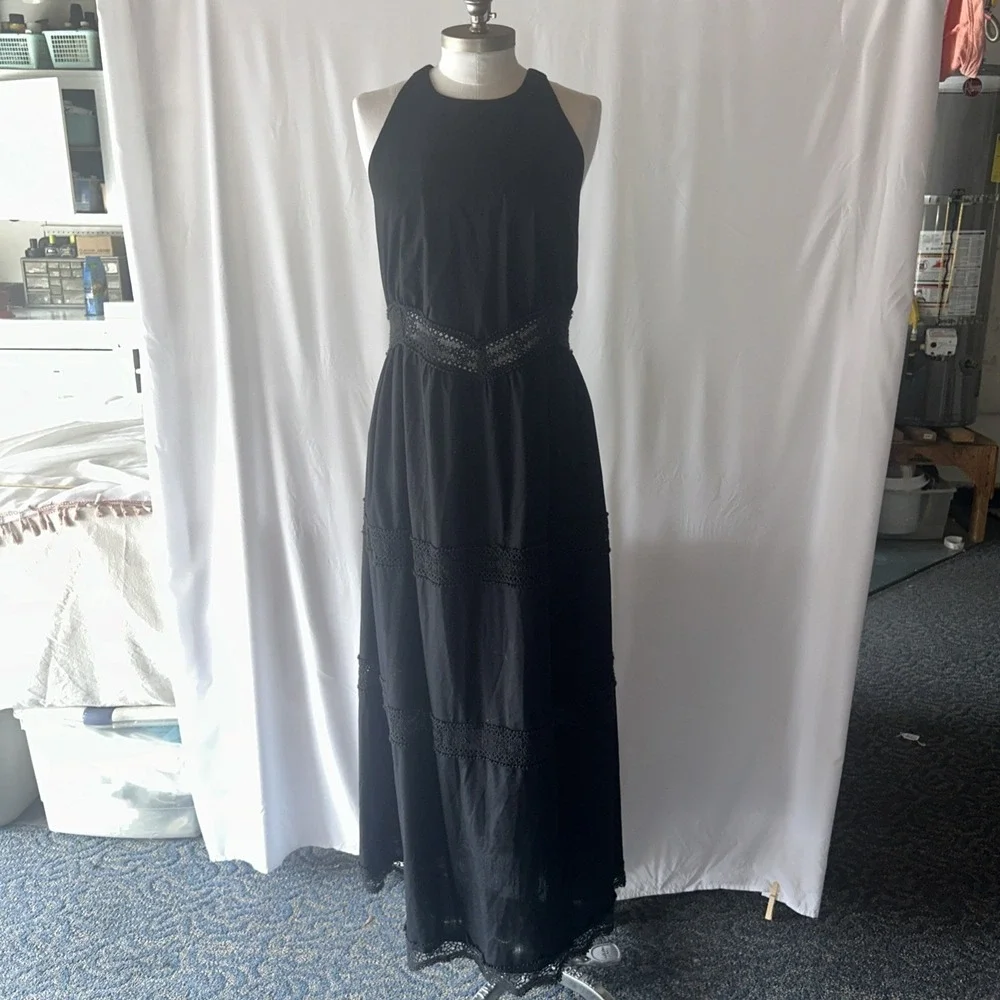 Abercrombie & Fitch High Neck Crochet Cotton Blend Maxi Black Dress Large Tall